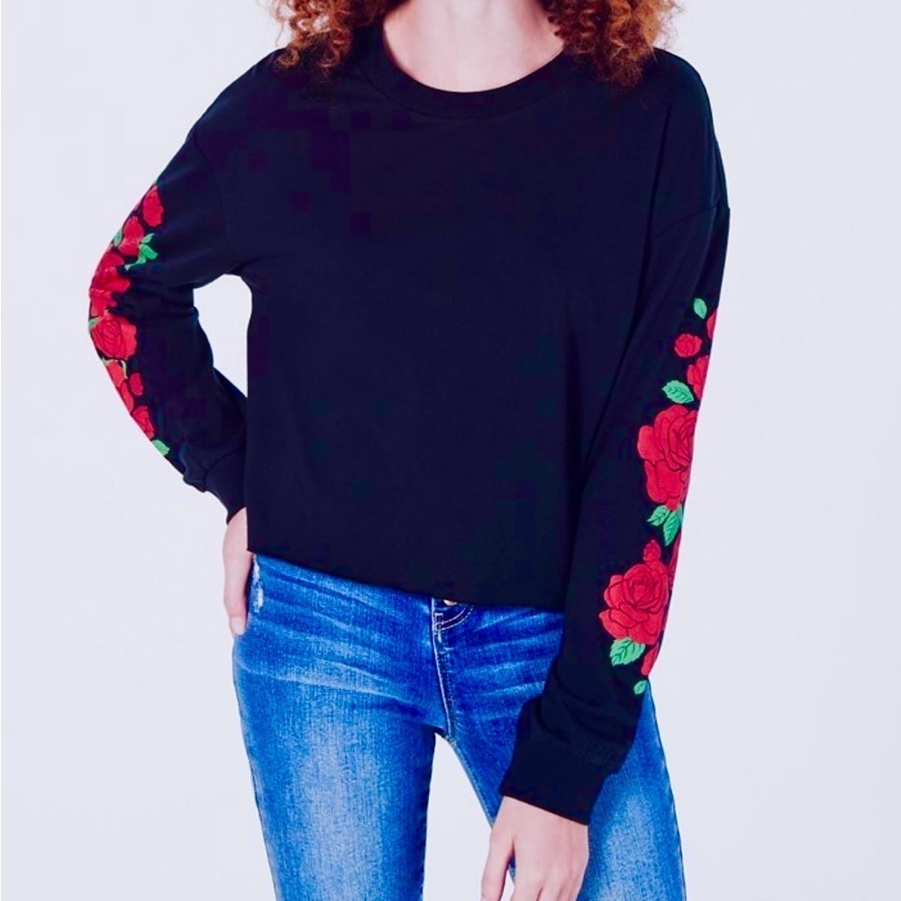 Boohoo Navy Round Neck Sweater with Floral Patterns on Arms Size M/L